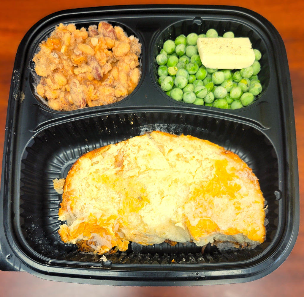 Microwave meal- BBQ Beef and Potato Bake with Cattleman's Beans and Seasoned Peas