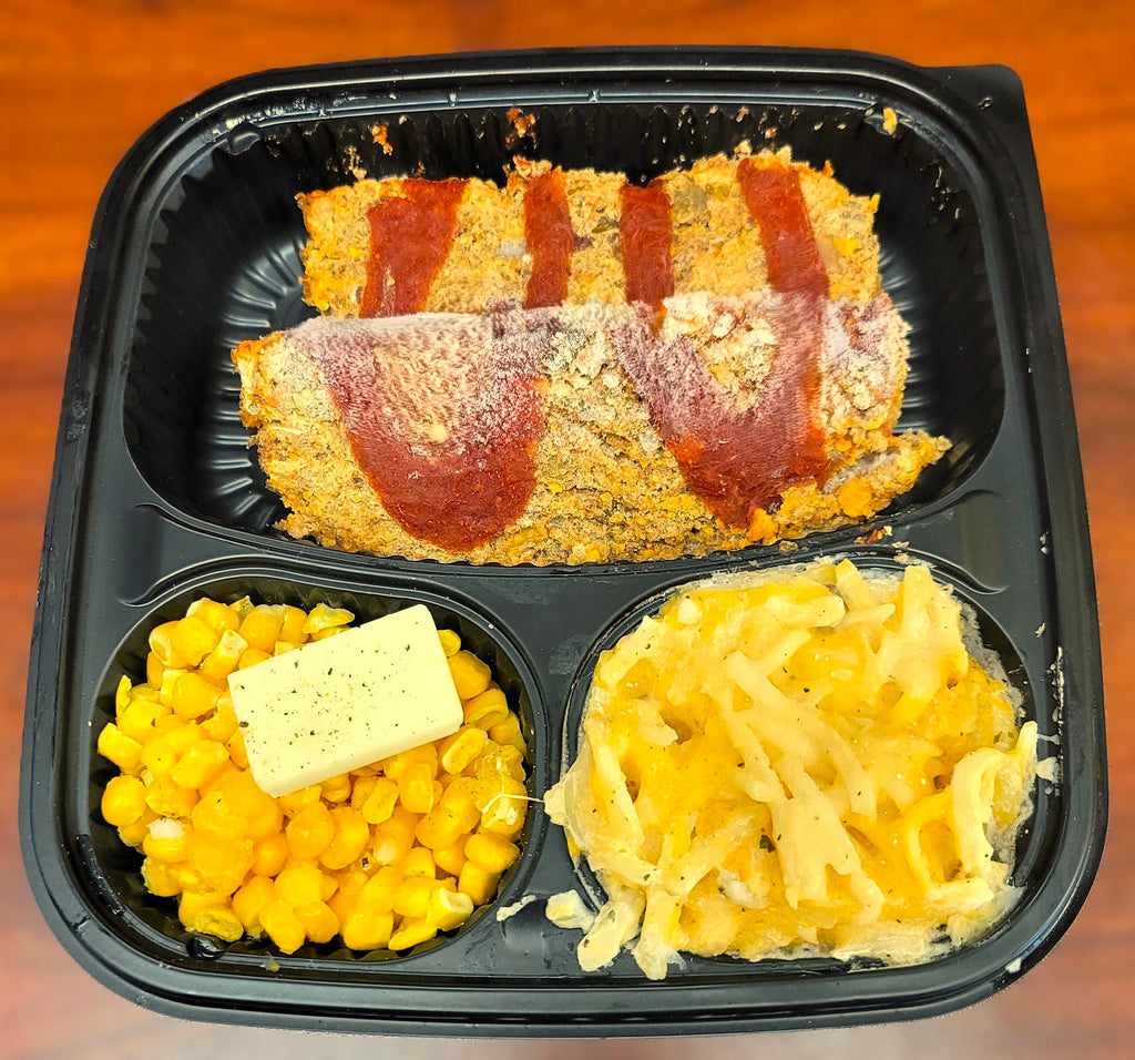 Microwave Meal- Taco Meatloaf with Buttered Corn and Cheesy Hashbrown Casserole