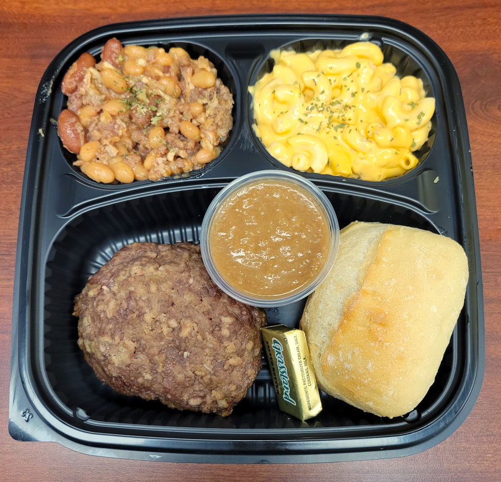 Microwave meal- Salisbury Steak with Cattleman's Beans and Macaroni and Cheese