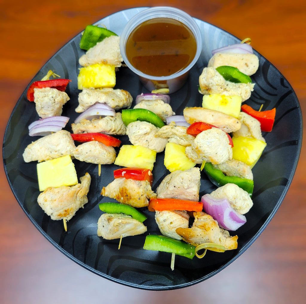 Tropical Chicken Skewers with Rum Glaze Sauce and Vegetable Rice - Large Entrée